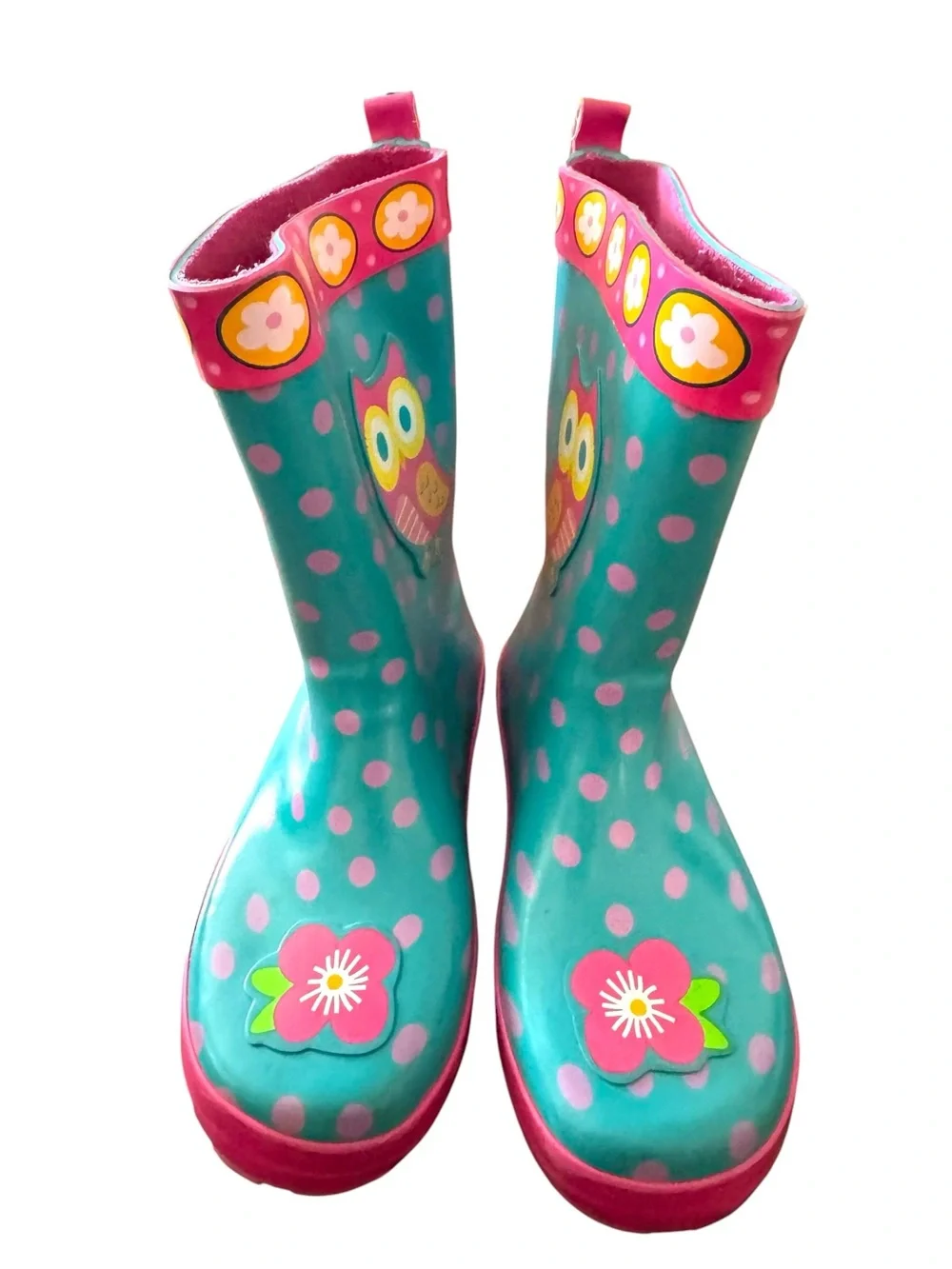Stephen Joseph Kids Teal Pink Polka Dot Rain Boots with Owl Flowers Childs 12